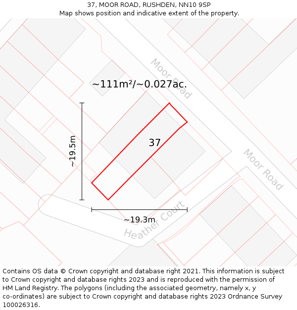 37, MOOR ROAD, RUSHDEN, NN10 9SP: Plot and title map