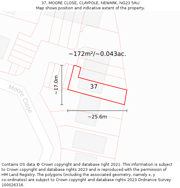 37, MOORE CLOSE, CLAYPOLE, NEWARK, NG23 5AU: Plot and title map