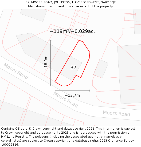 37, MOORS ROAD, JOHNSTON, HAVERFORDWEST, SA62 3QE: Plot and title map