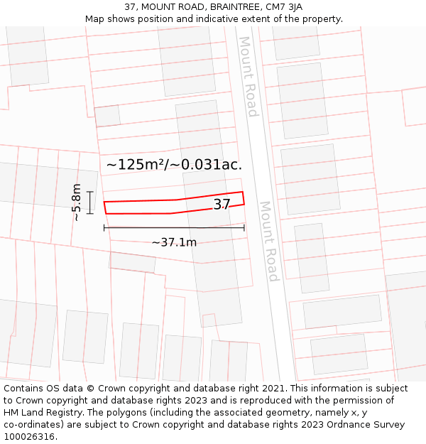 37, MOUNT ROAD, BRAINTREE, CM7 3JA: Plot and title map