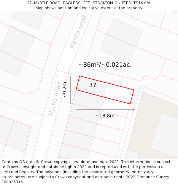 37, MYRTLE ROAD, EAGLESCLIFFE, STOCKTON-ON-TEES, TS16 0AL: Plot and title map