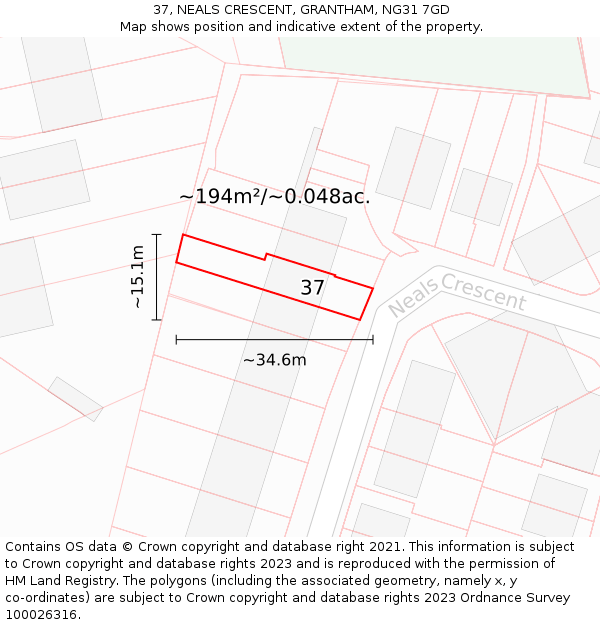 37, NEALS CRESCENT, GRANTHAM, NG31 7GD: Plot and title map