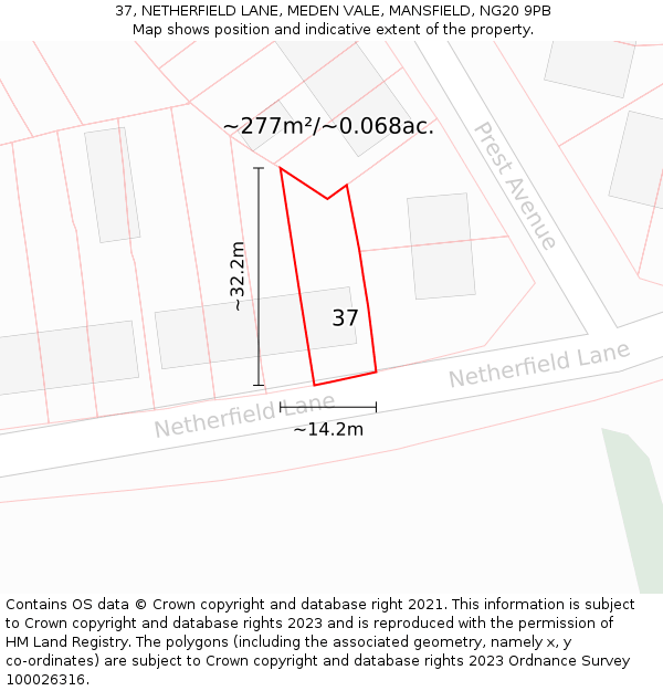 37, NETHERFIELD LANE, MEDEN VALE, MANSFIELD, NG20 9PB: Plot and title map