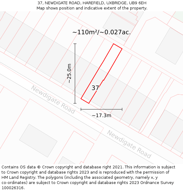 37, NEWDIGATE ROAD, HAREFIELD, UXBRIDGE, UB9 6EH: Plot and title map