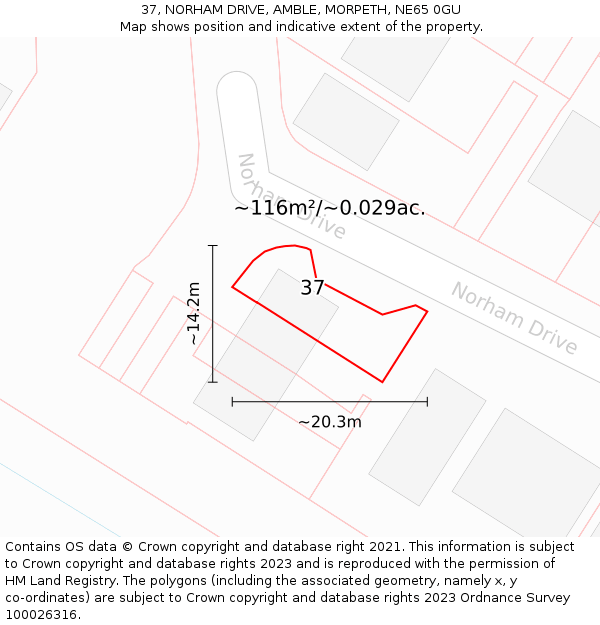 37, NORHAM DRIVE, AMBLE, MORPETH, NE65 0GU: Plot and title map