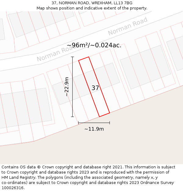 37, NORMAN ROAD, WREXHAM, LL13 7BG: Plot and title map