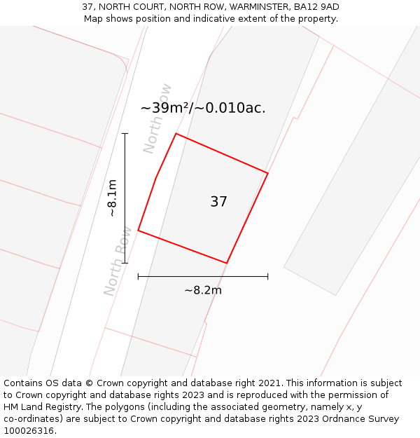 37, NORTH COURT, NORTH ROW, WARMINSTER, BA12 9AD: Plot and title map