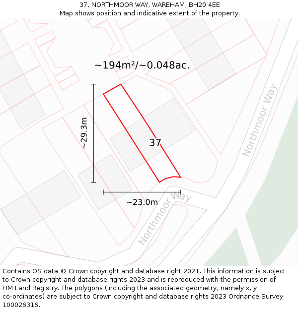 37, NORTHMOOR WAY, WAREHAM, BH20 4EE: Plot and title map
