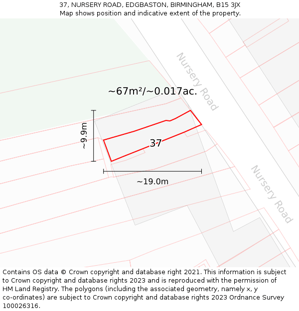 37, NURSERY ROAD, EDGBASTON, BIRMINGHAM, B15 3JX: Plot and title map
