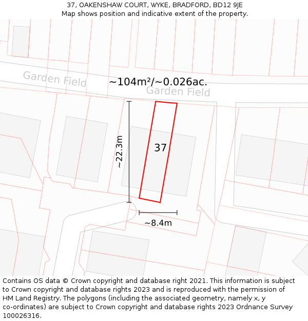 37, OAKENSHAW COURT, WYKE, BRADFORD, BD12 9JE: Plot and title map