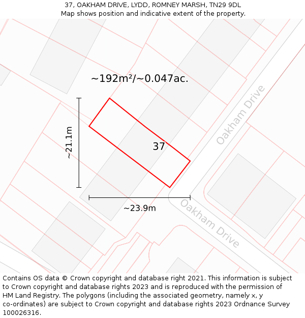 37, OAKHAM DRIVE, LYDD, ROMNEY MARSH, TN29 9DL: Plot and title map