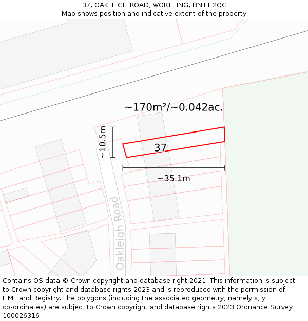 37, OAKLEIGH ROAD, WORTHING, BN11 2QG: Plot and title map