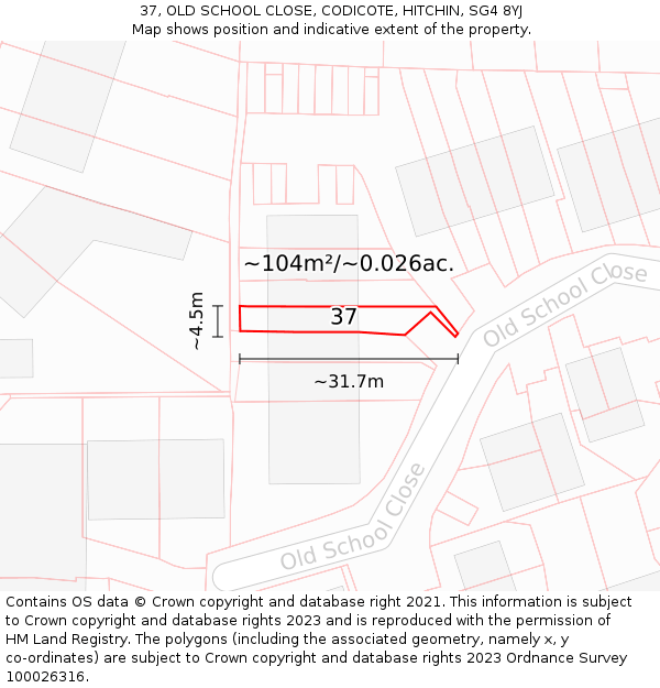 37, OLD SCHOOL CLOSE, CODICOTE, HITCHIN, SG4 8YJ: Plot and title map