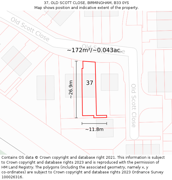 37, OLD SCOTT CLOSE, BIRMINGHAM, B33 0YS: Plot and title map