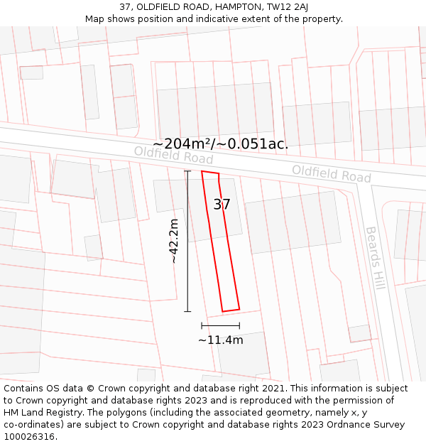 37, OLDFIELD ROAD, HAMPTON, TW12 2AJ: Plot and title map