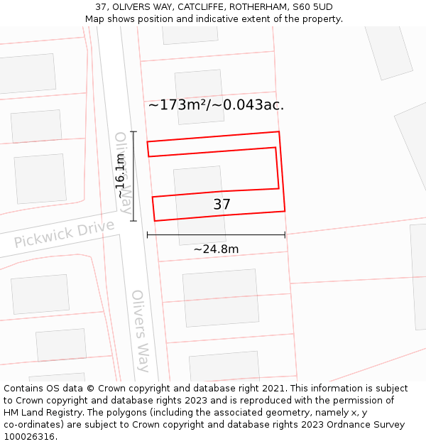37, OLIVERS WAY, CATCLIFFE, ROTHERHAM, S60 5UD: Plot and title map