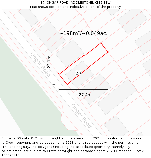 37, ONGAR ROAD, ADDLESTONE, KT15 1BW: Plot and title map