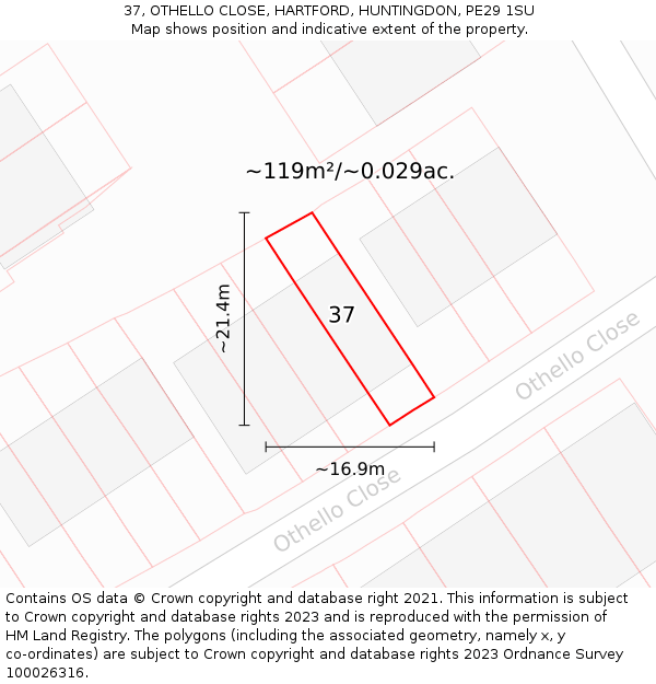 37, OTHELLO CLOSE, HARTFORD, HUNTINGDON, PE29 1SU: Plot and title map