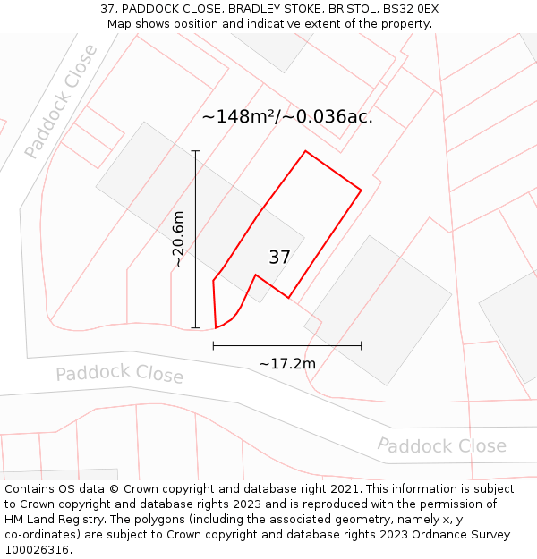 37, PADDOCK CLOSE, BRADLEY STOKE, BRISTOL, BS32 0EX: Plot and title map