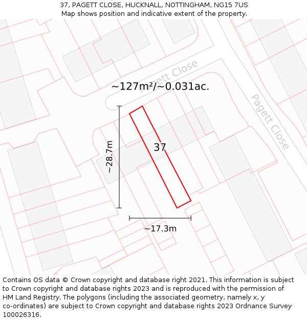 37, PAGETT CLOSE, HUCKNALL, NOTTINGHAM, NG15 7US: Plot and title map