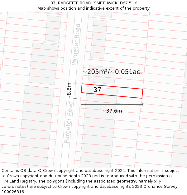 37, PARGETER ROAD, SMETHWICK, B67 5HY: Plot and title map