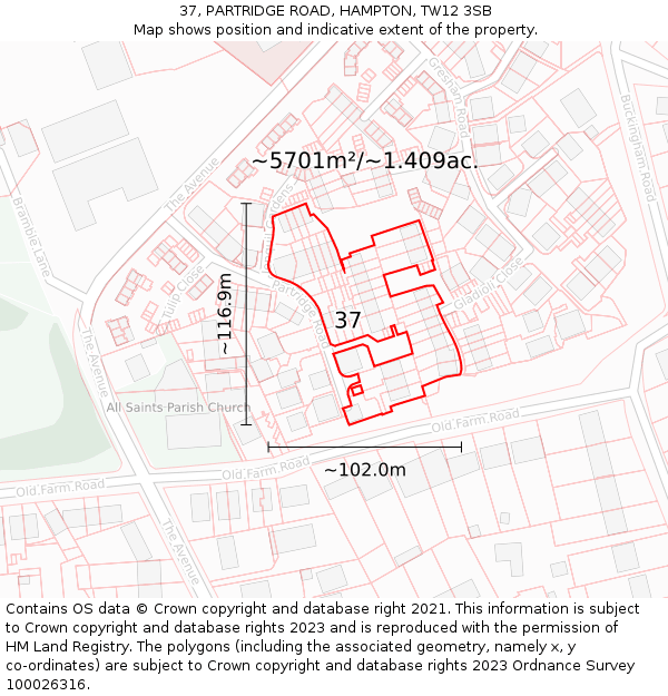 37, PARTRIDGE ROAD, HAMPTON, TW12 3SB: Plot and title map