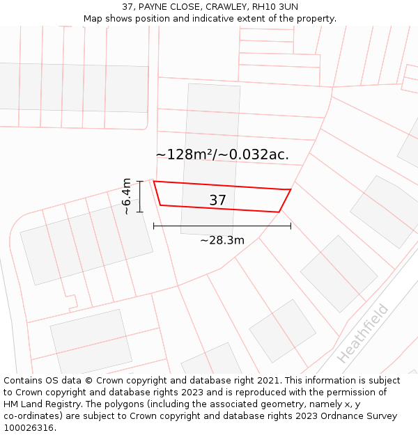 37, PAYNE CLOSE, CRAWLEY, RH10 3UN: Plot and title map