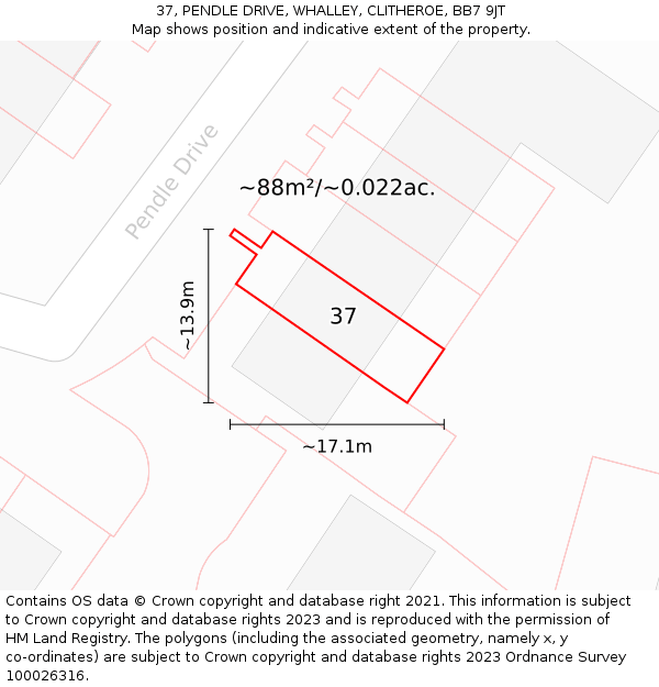 37, PENDLE DRIVE, WHALLEY, CLITHEROE, BB7 9JT: Plot and title map