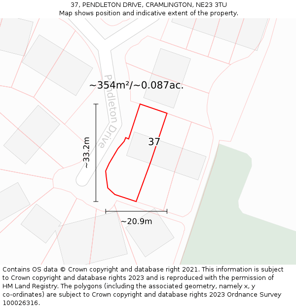 37, PENDLETON DRIVE, CRAMLINGTON, NE23 3TU: Plot and title map