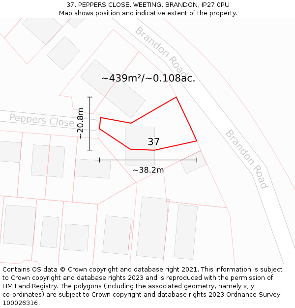 37, PEPPERS CLOSE, WEETING, BRANDON, IP27 0PU: Plot and title map