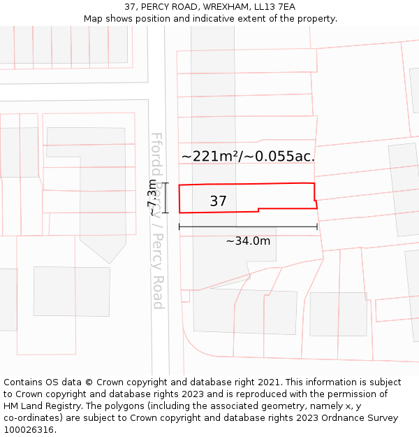 37, PERCY ROAD, WREXHAM, LL13 7EA: Plot and title map