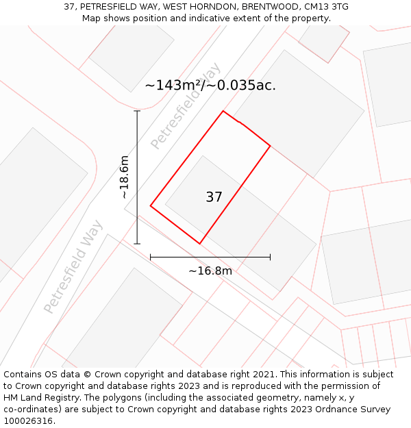 37, PETRESFIELD WAY, WEST HORNDON, BRENTWOOD, CM13 3TG: Plot and title map