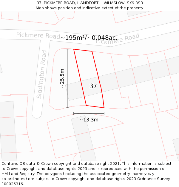 37, PICKMERE ROAD, HANDFORTH, WILMSLOW, SK9 3SR: Plot and title map