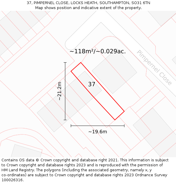 37, PIMPERNEL CLOSE, LOCKS HEATH, SOUTHAMPTON, SO31 6TN: Plot and title map