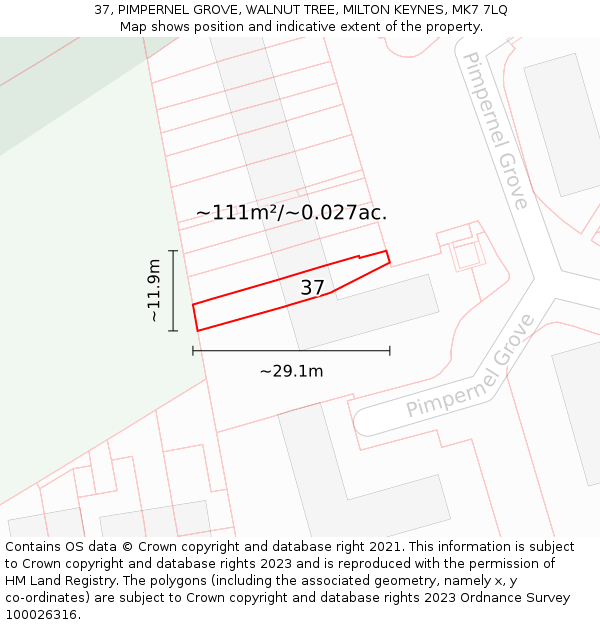 37, PIMPERNEL GROVE, WALNUT TREE, MILTON KEYNES, MK7 7LQ: Plot and title map