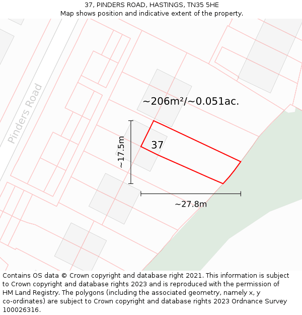 37, PINDERS ROAD, HASTINGS, TN35 5HE: Plot and title map