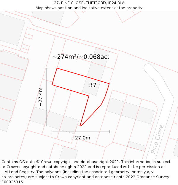 37, PINE CLOSE, THETFORD, IP24 3LA: Plot and title map