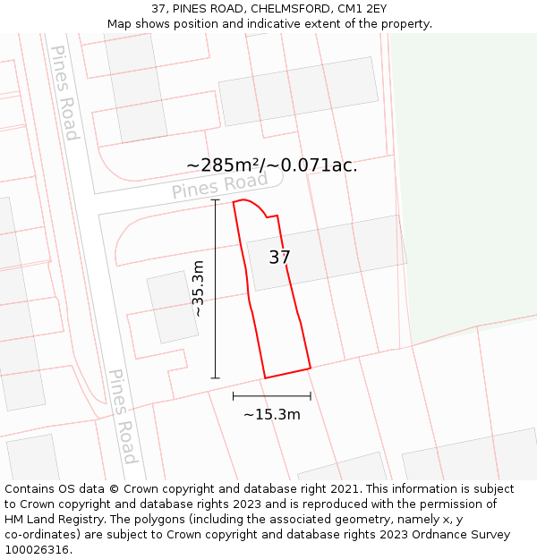 37, PINES ROAD, CHELMSFORD, CM1 2EY: Plot and title map