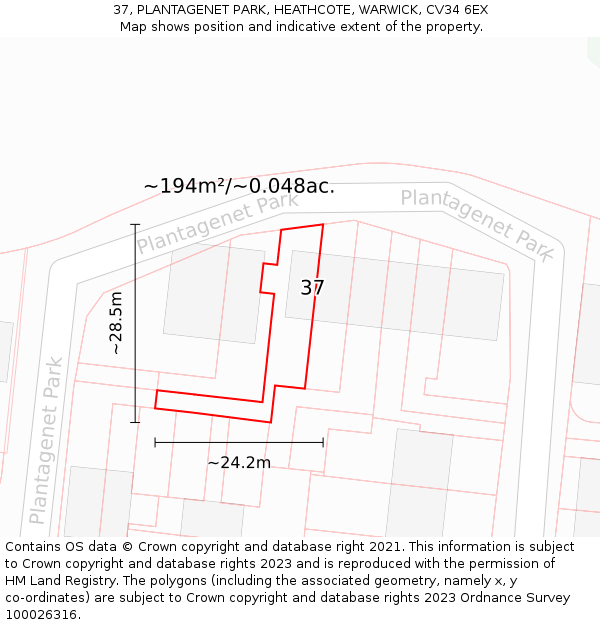 37, PLANTAGENET PARK, HEATHCOTE, WARWICK, CV34 6EX: Plot and title map