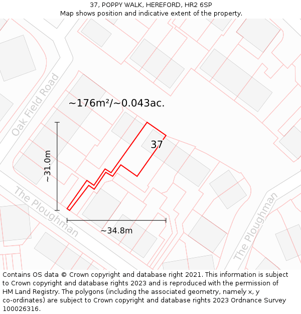37, POPPY WALK, HEREFORD, HR2 6SP: Plot and title map
