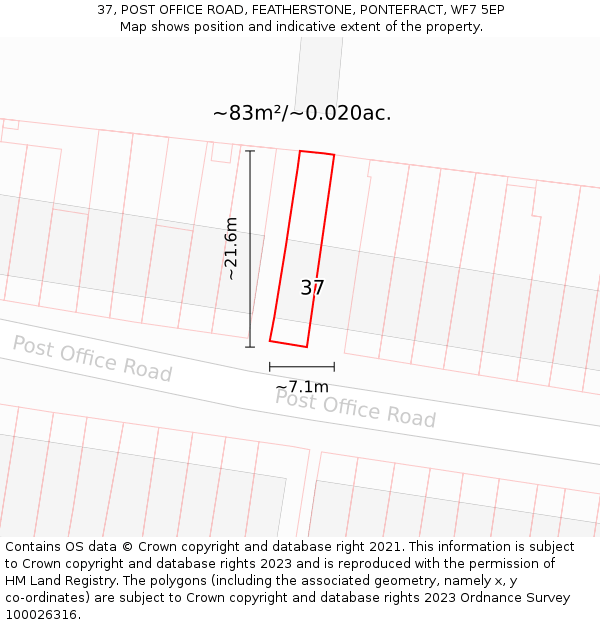 37, POST OFFICE ROAD, FEATHERSTONE, PONTEFRACT, WF7 5EP: Plot and title map
