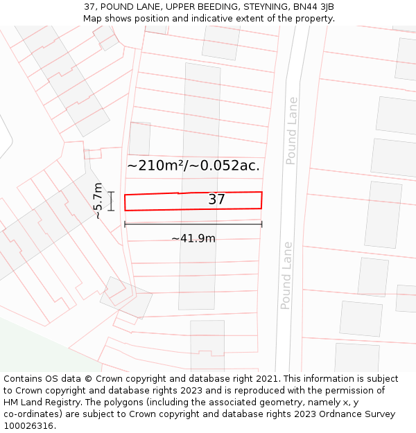 37, POUND LANE, UPPER BEEDING, STEYNING, BN44 3JB: Plot and title map
