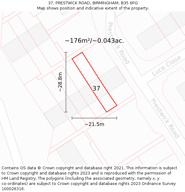 37, PRESTWICK ROAD, BIRMINGHAM, B35 6PG: Plot and title map