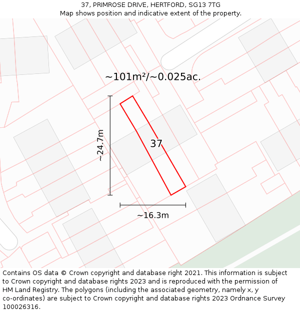 37, PRIMROSE DRIVE, HERTFORD, SG13 7TG: Plot and title map