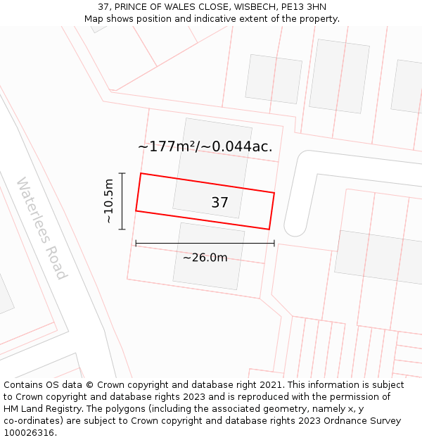 37, PRINCE OF WALES CLOSE, WISBECH, PE13 3HN: Plot and title map