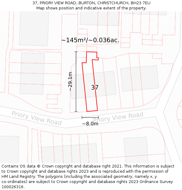 37, PRIORY VIEW ROAD, BURTON, CHRISTCHURCH, BH23 7EU: Plot and title map