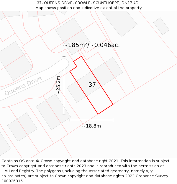 37, QUEENS DRIVE, CROWLE, SCUNTHORPE, DN17 4DL: Plot and title map