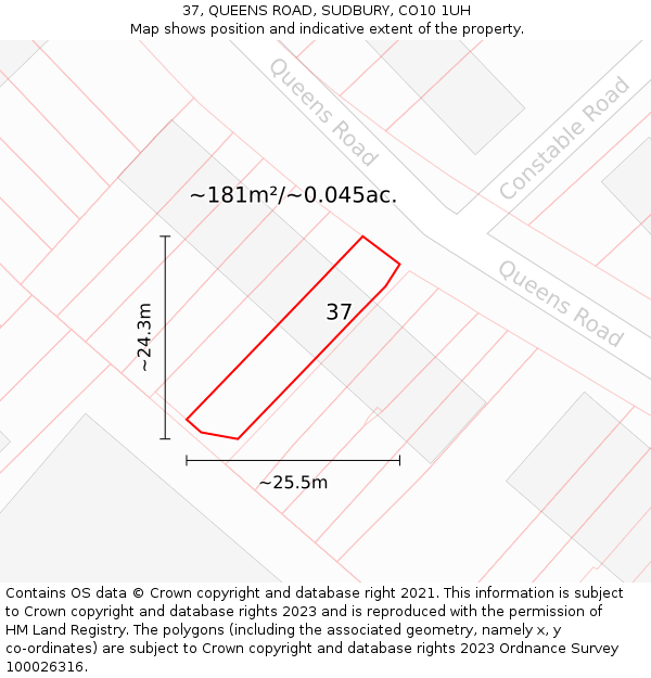 37, QUEENS ROAD, SUDBURY, CO10 1UH: Plot and title map