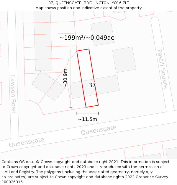 37, QUEENSGATE, BRIDLINGTON, YO16 7LT: Plot and title map