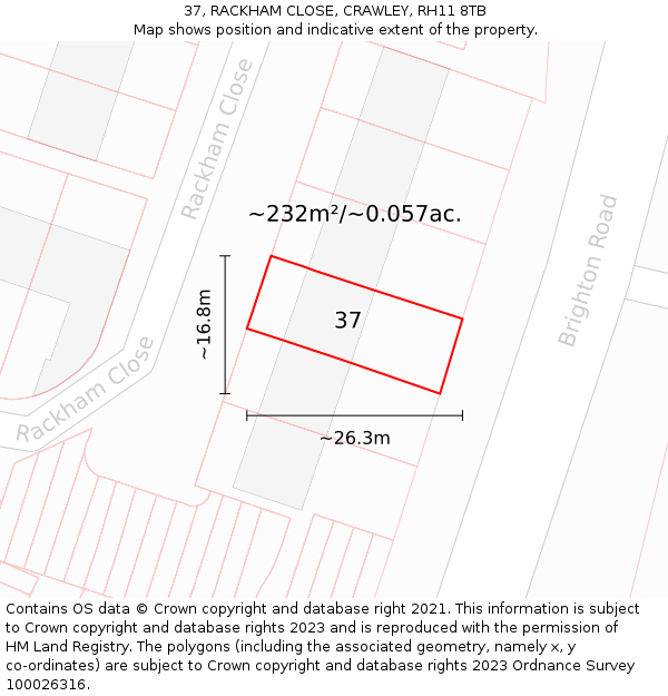 37, RACKHAM CLOSE, CRAWLEY, RH11 8TB: Plot and title map